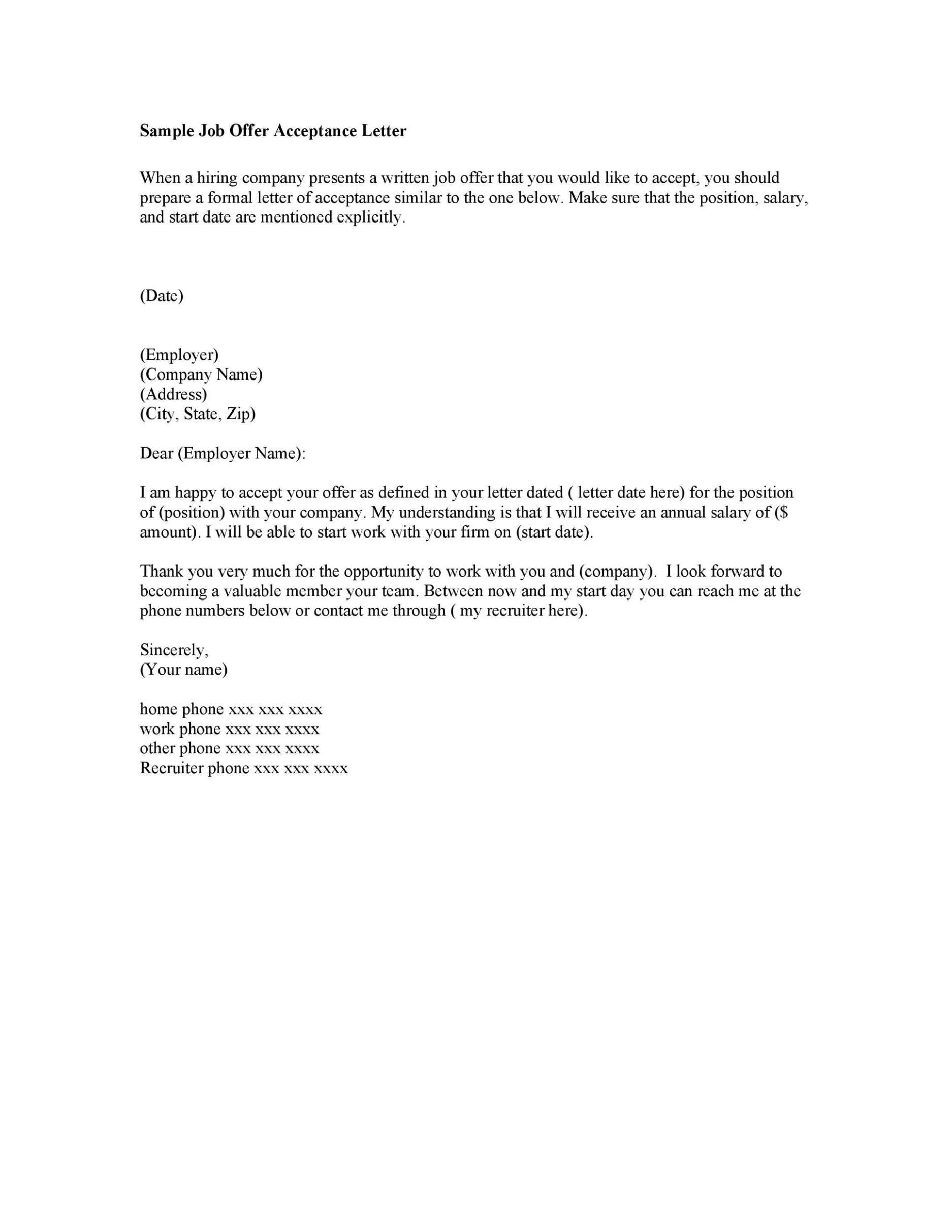 Printable Job Offer Acceptance Letter Template Docs
