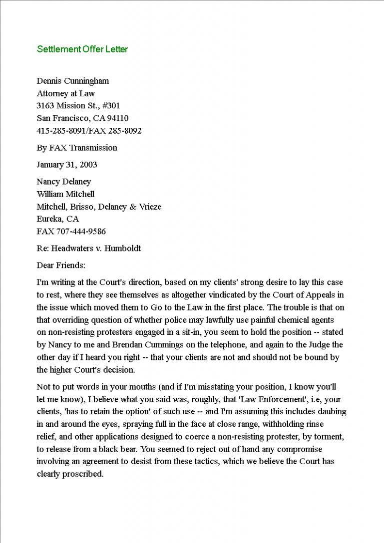 Free Legal Settlement Offer Letter Template Sample