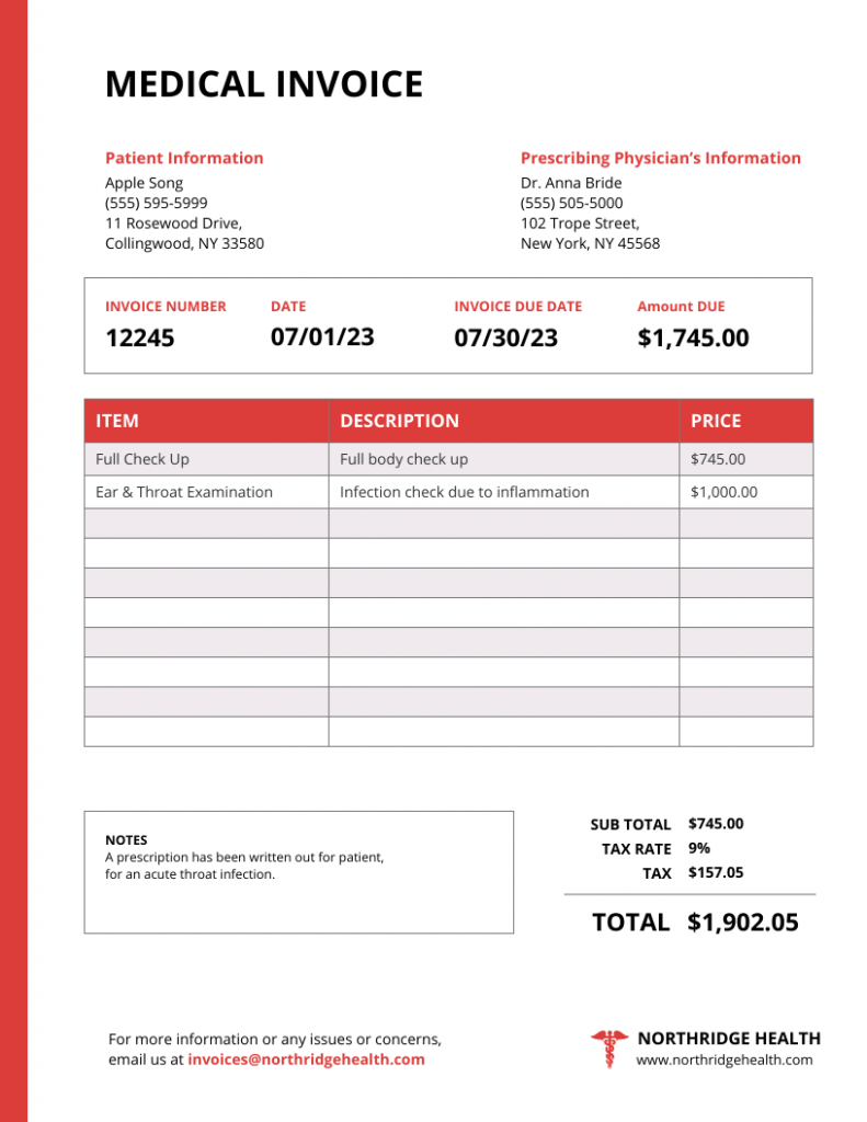 Editable Medical Bill Invoice Template 