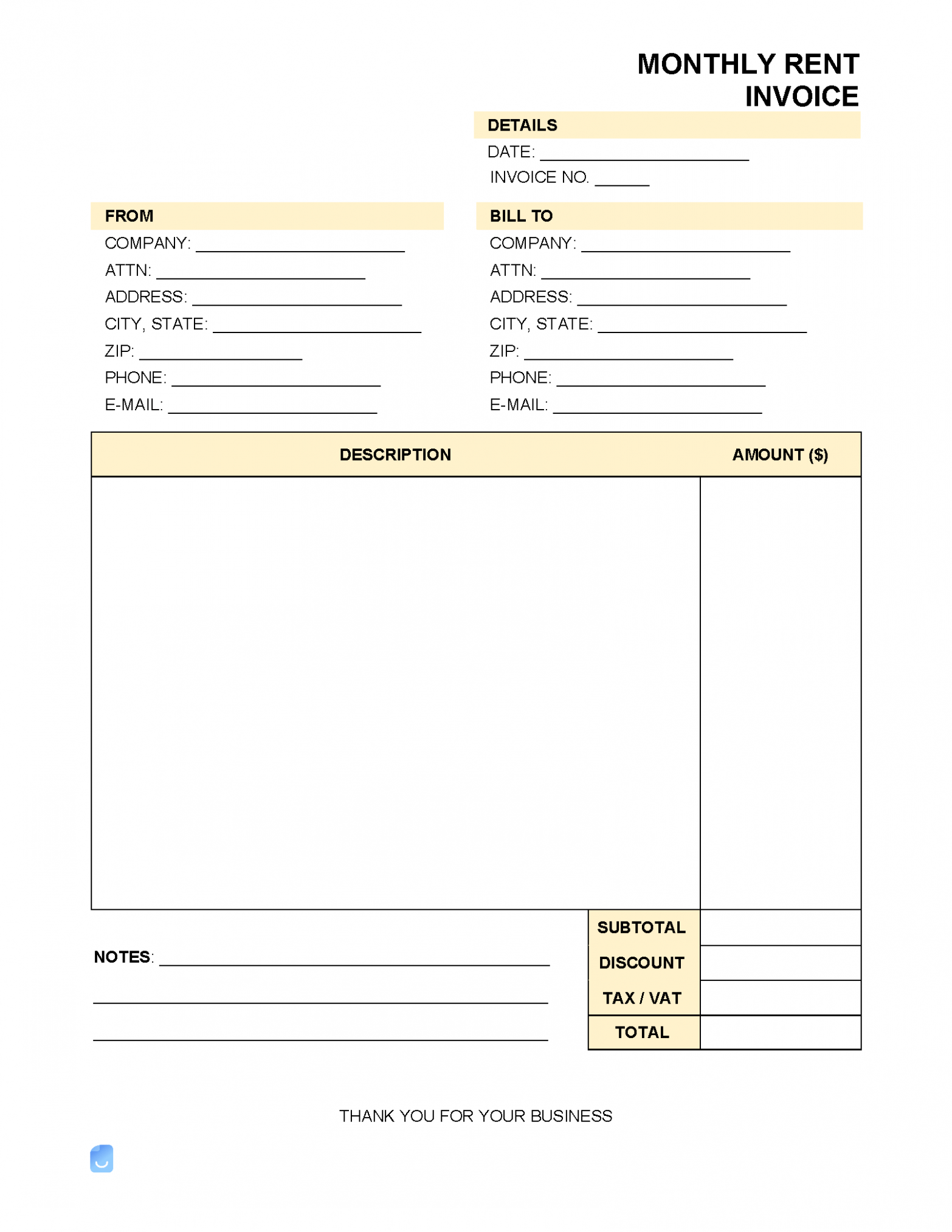 Printable Monthly Rent Invoice Template Docs