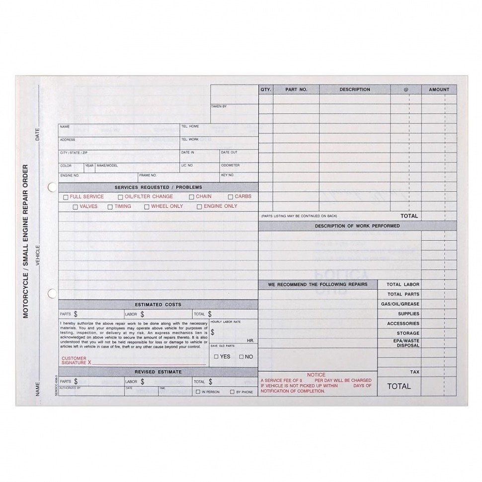 Sample Motorcycle Repair Order Template Word