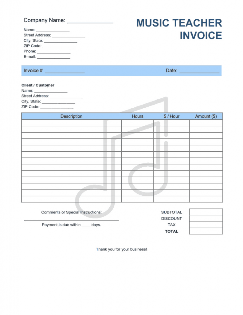 Sample Music Teacher Invoice Template Excel