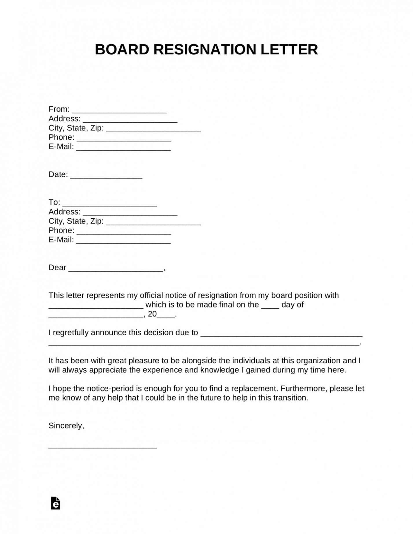 Printable Nonprofit Executive Director Resignation Letter Excel