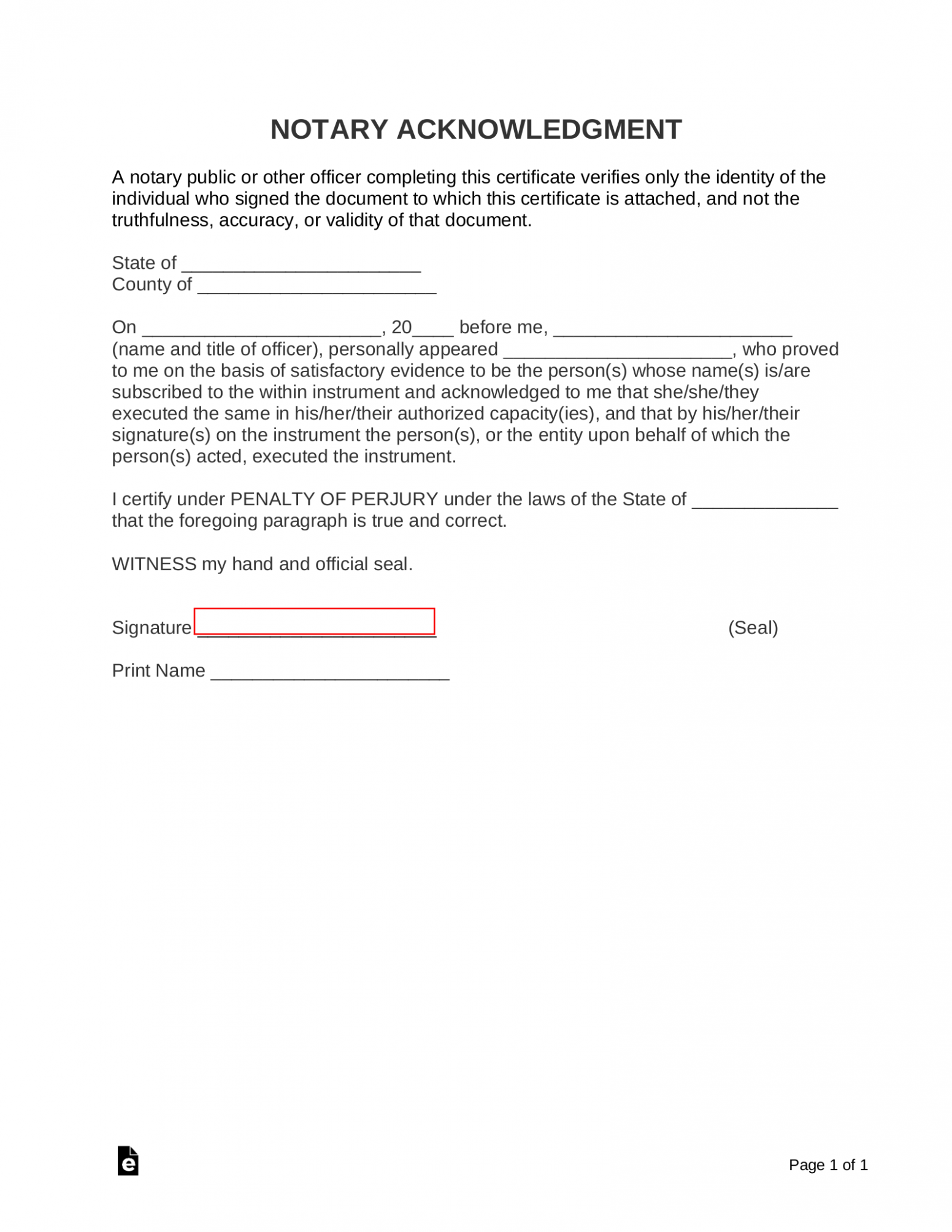 Printable Notary Acknowledgement Template 