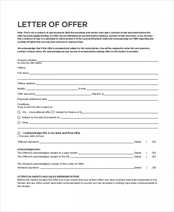 Printable Offer Letter Template Real Estate PDF