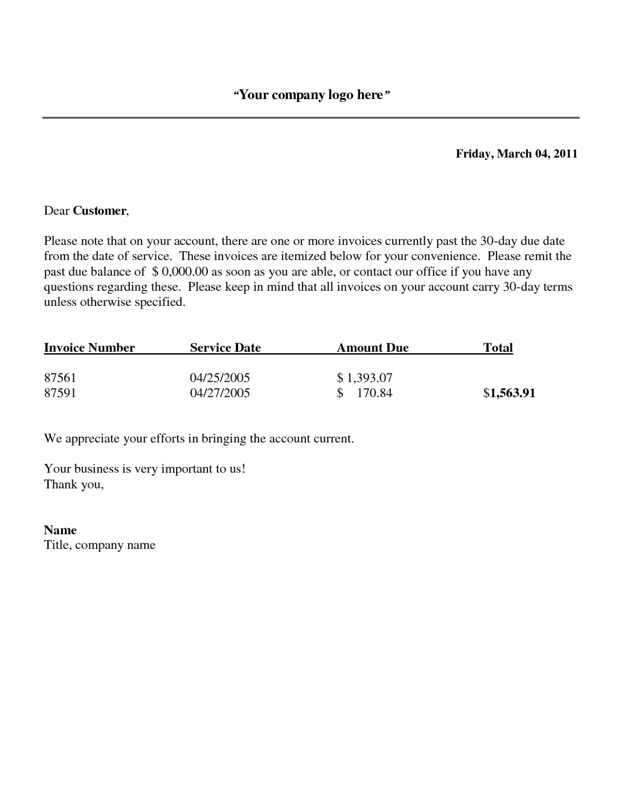 Sample Past Due Invoice Letter Template Docs