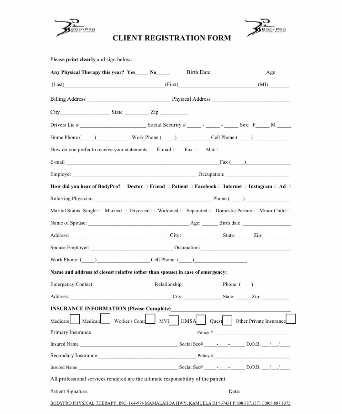 Editable Physical Therapy Order Form PDF