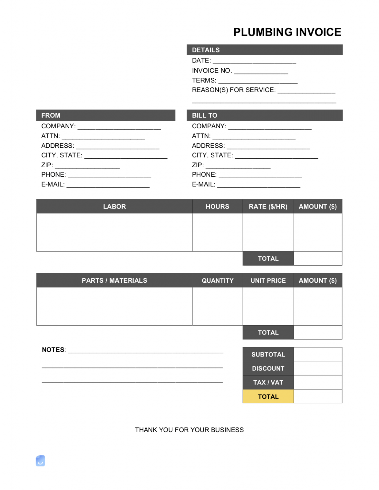 Editable Plumbing Service Invoice Template PPT