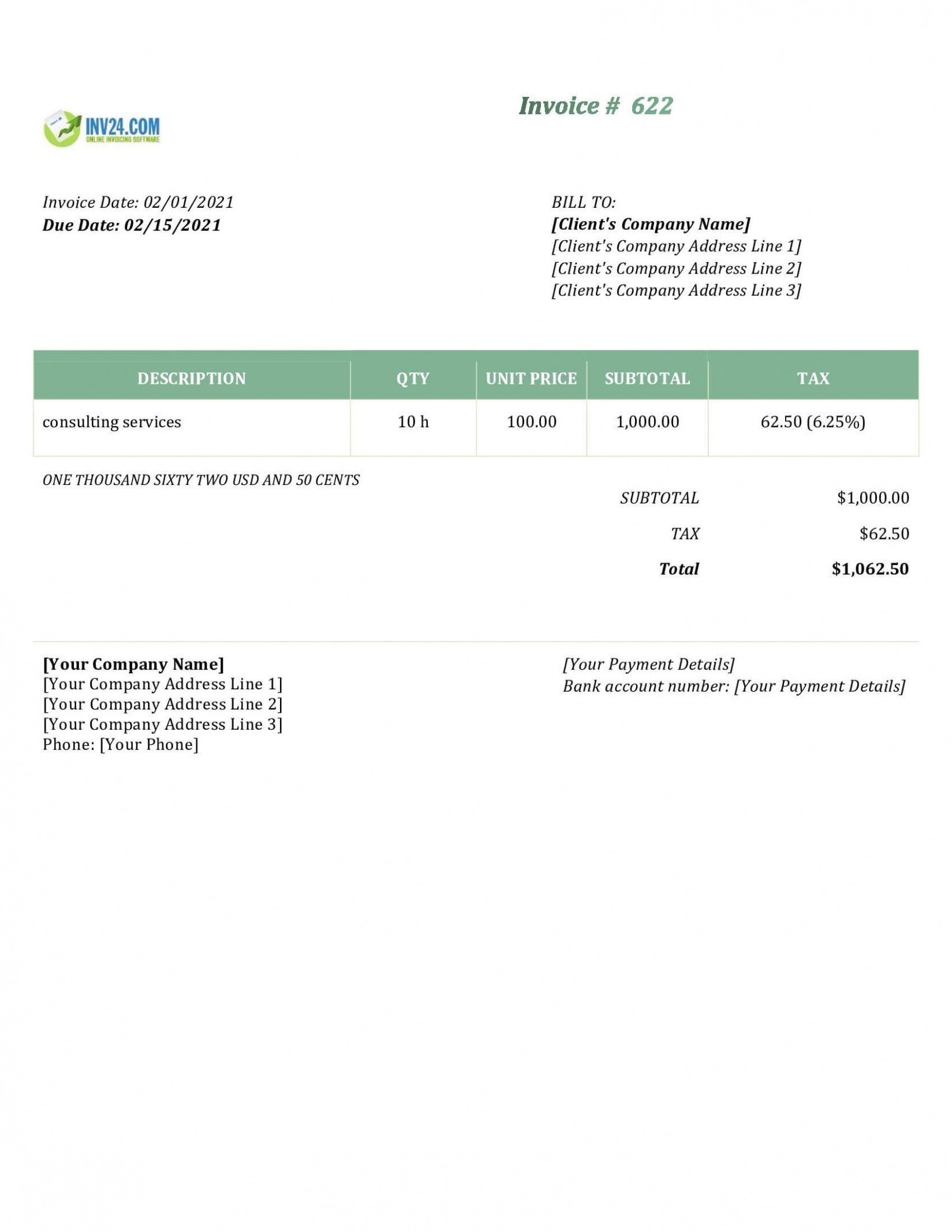 Printable Professional Services Invoice Template Excel