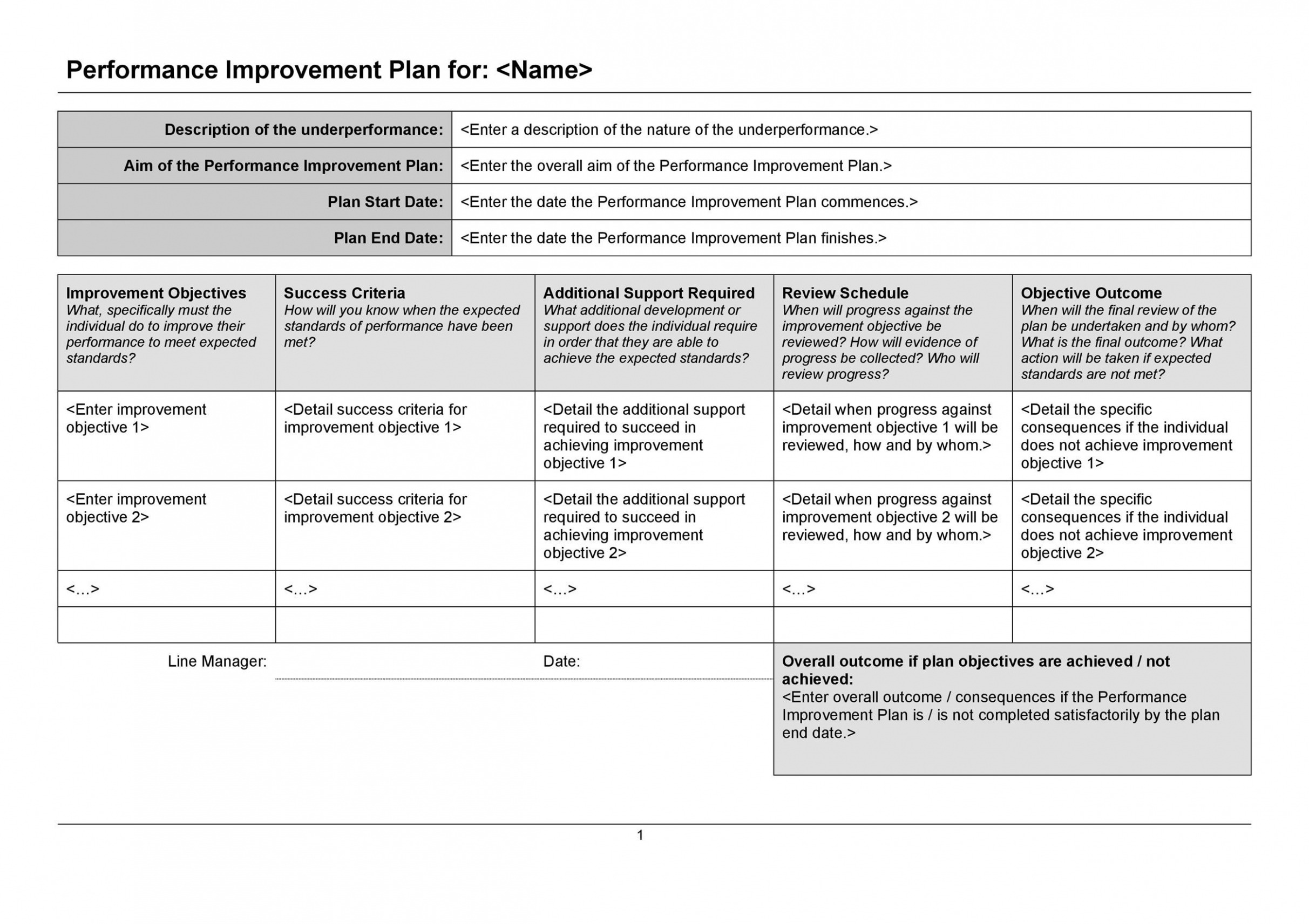 Printable Program Improvement Plan Template Docs