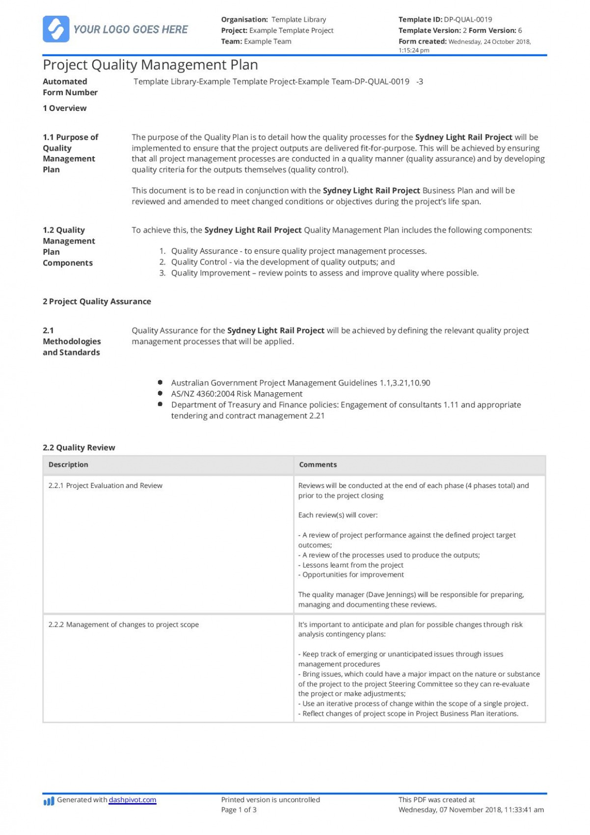  Project Quality Management Plan Template Excel