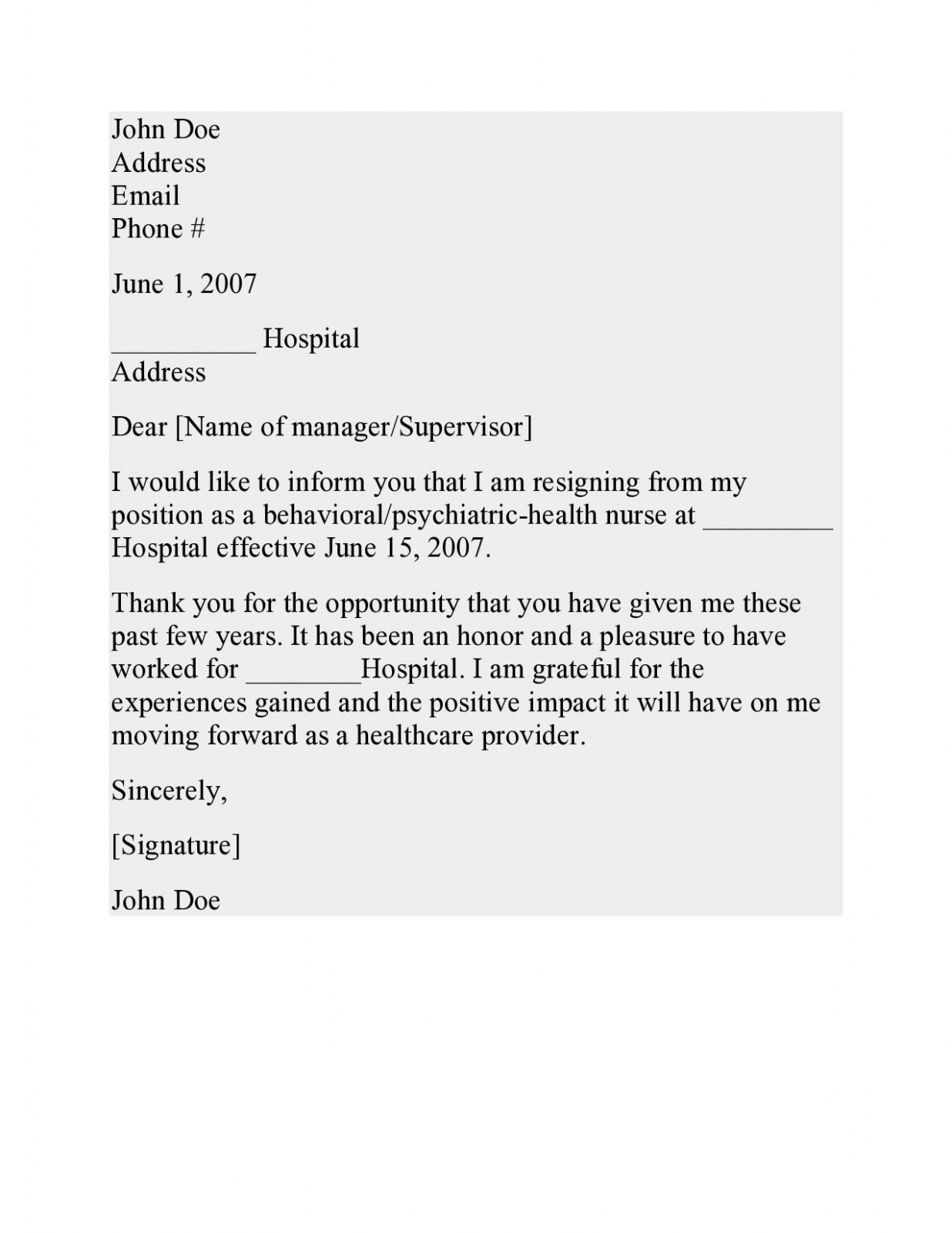 Printable Resignation Letter Template For Nurses Excel