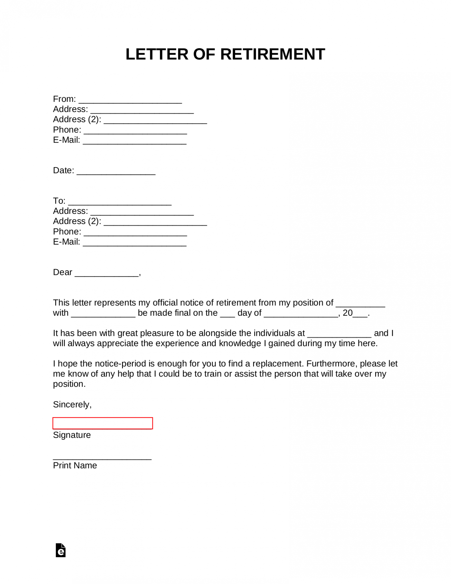 Printable Retirement Resignation Letter Template Excel