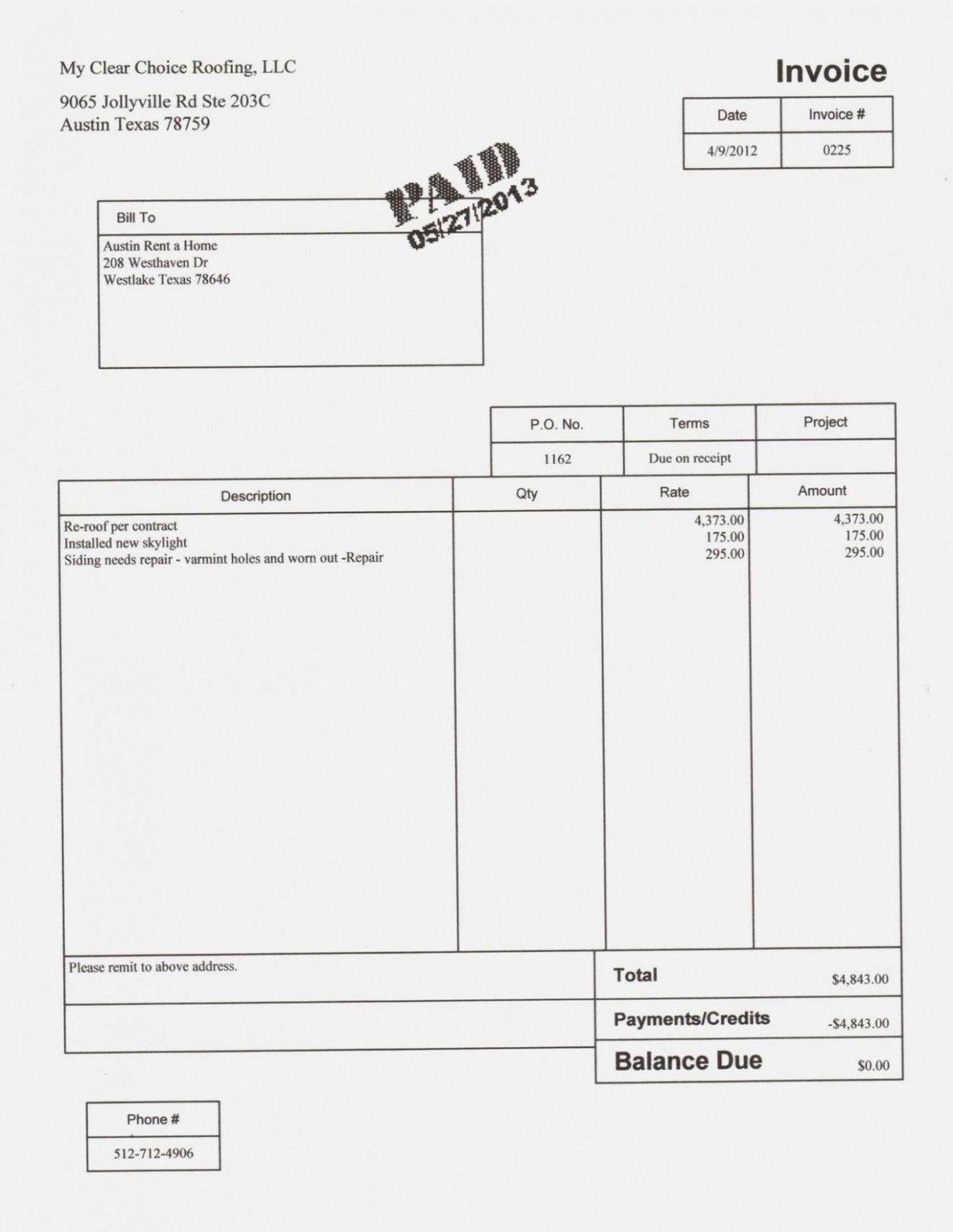 Sample Roof Repair Invoice Template 