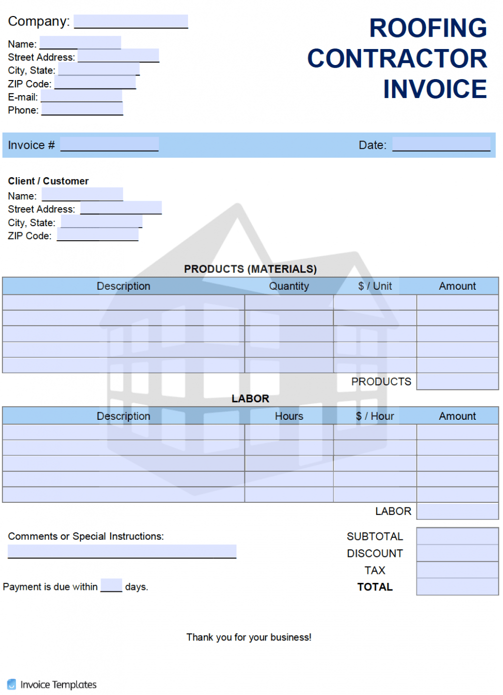 Sample Roofing Contractor Invoice Template PPT