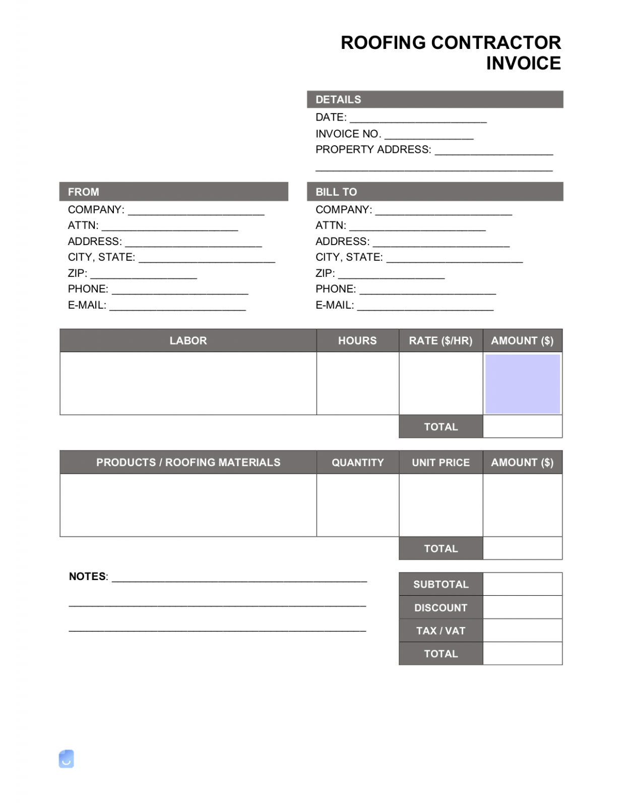 Printable Roofing Contractor Invoice Template Excel