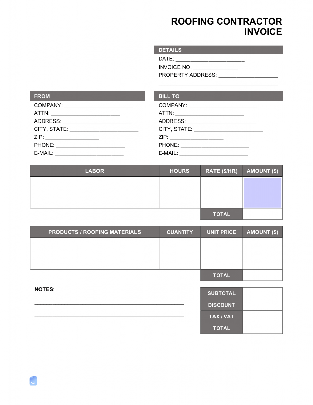 Printable Roofing Contractor Invoice Template Excel Printable Roofing Contractor Invoice Template Excel