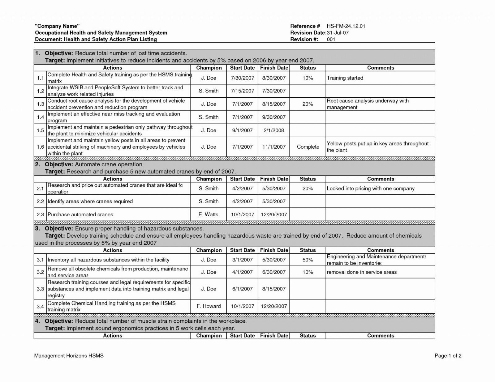 Printable Safety And Health Plan Template Sample