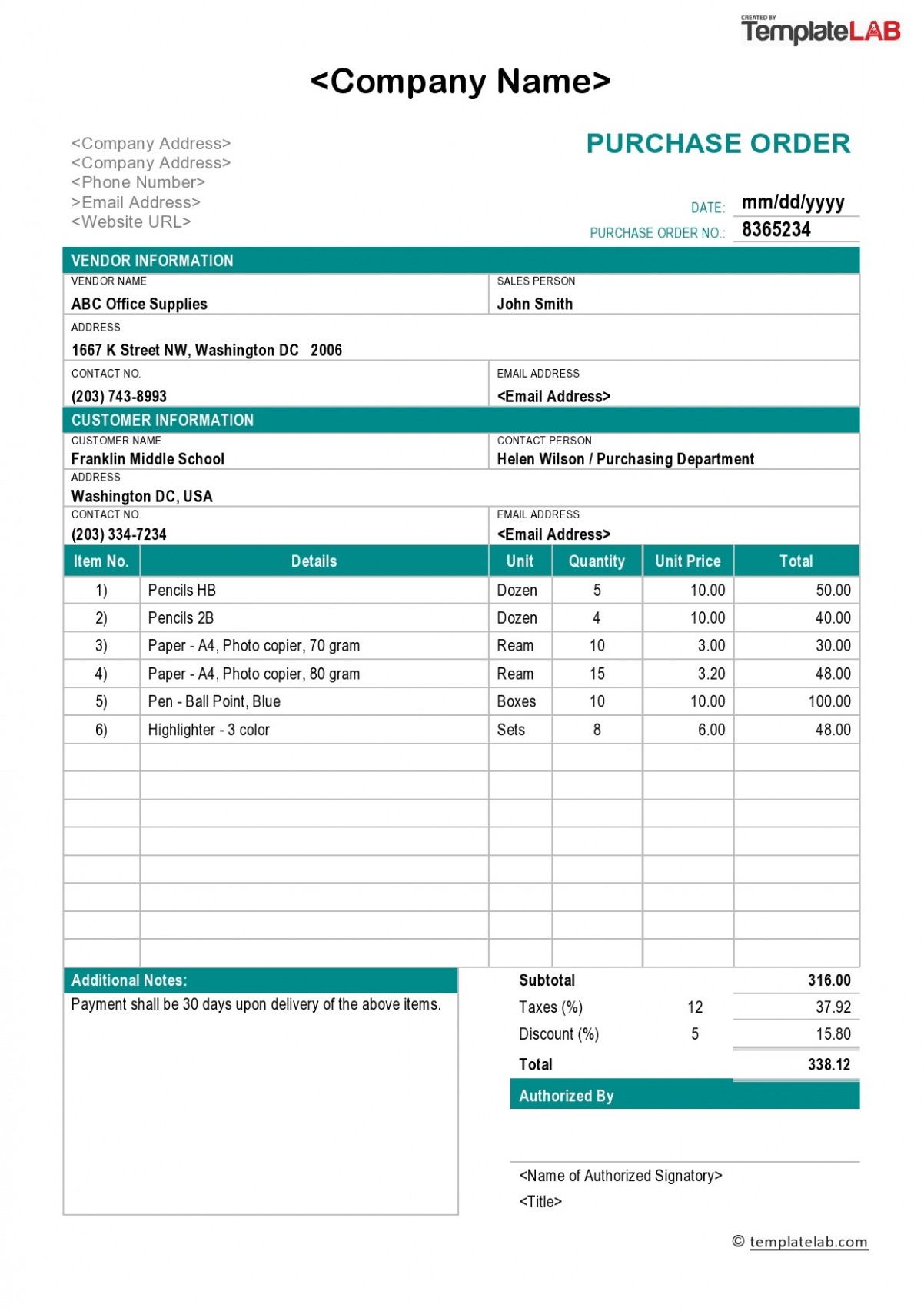 Printable School Purchase Order Template Excel