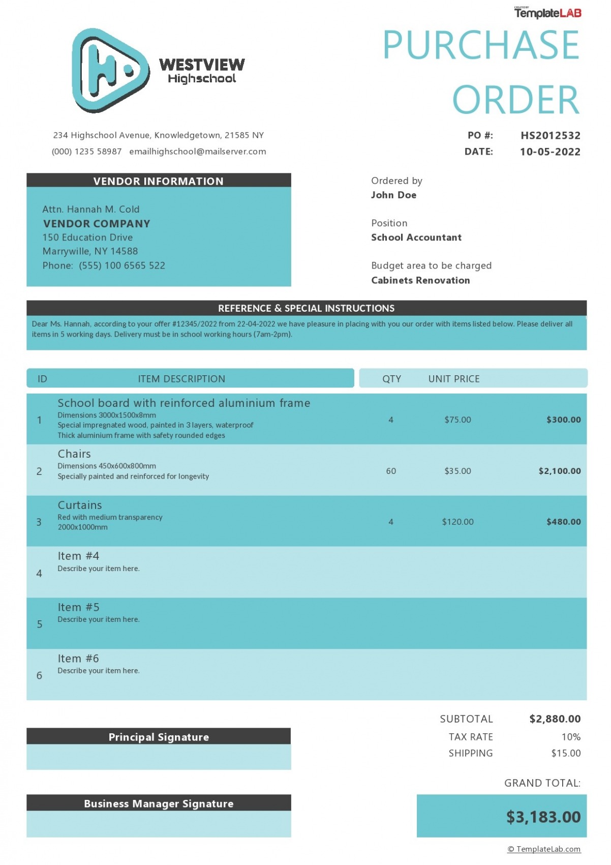 Editable School Purchase Order Template Docs