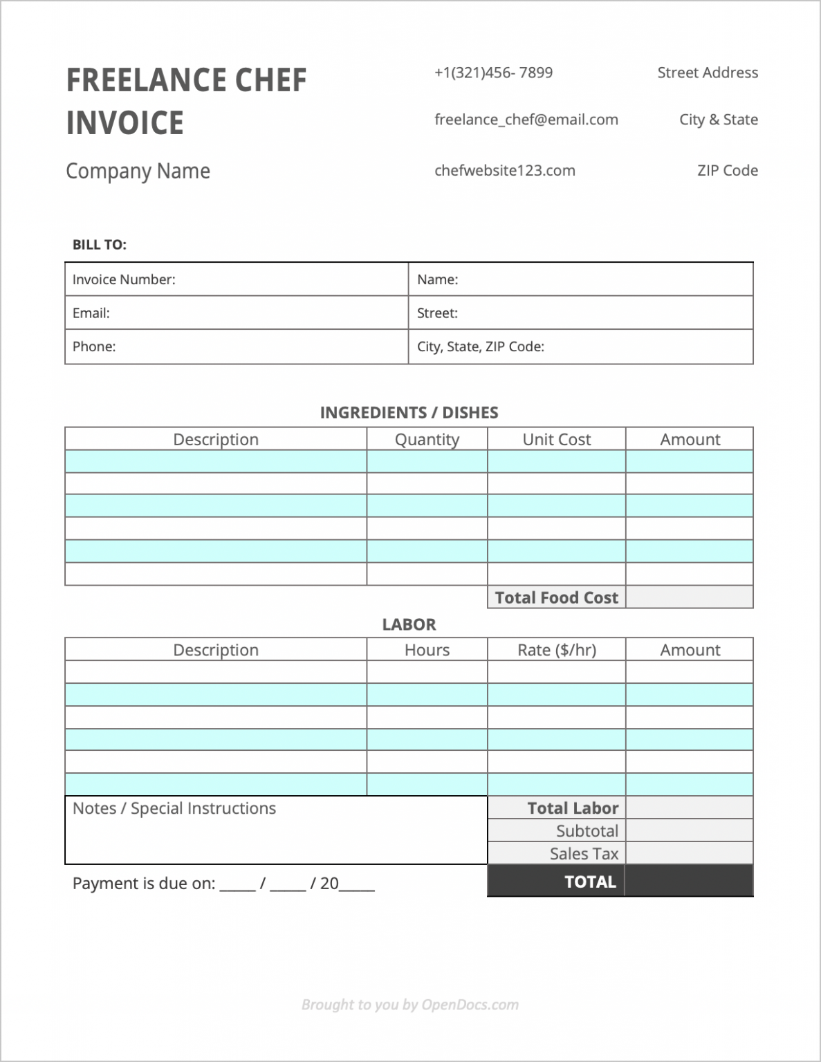 Editable Self Employed Chef Invoice Template Sample
