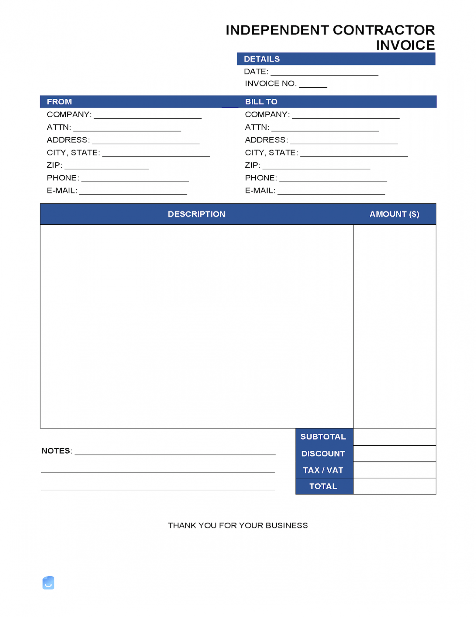 Editable Self Employed Contractor Invoice Template 