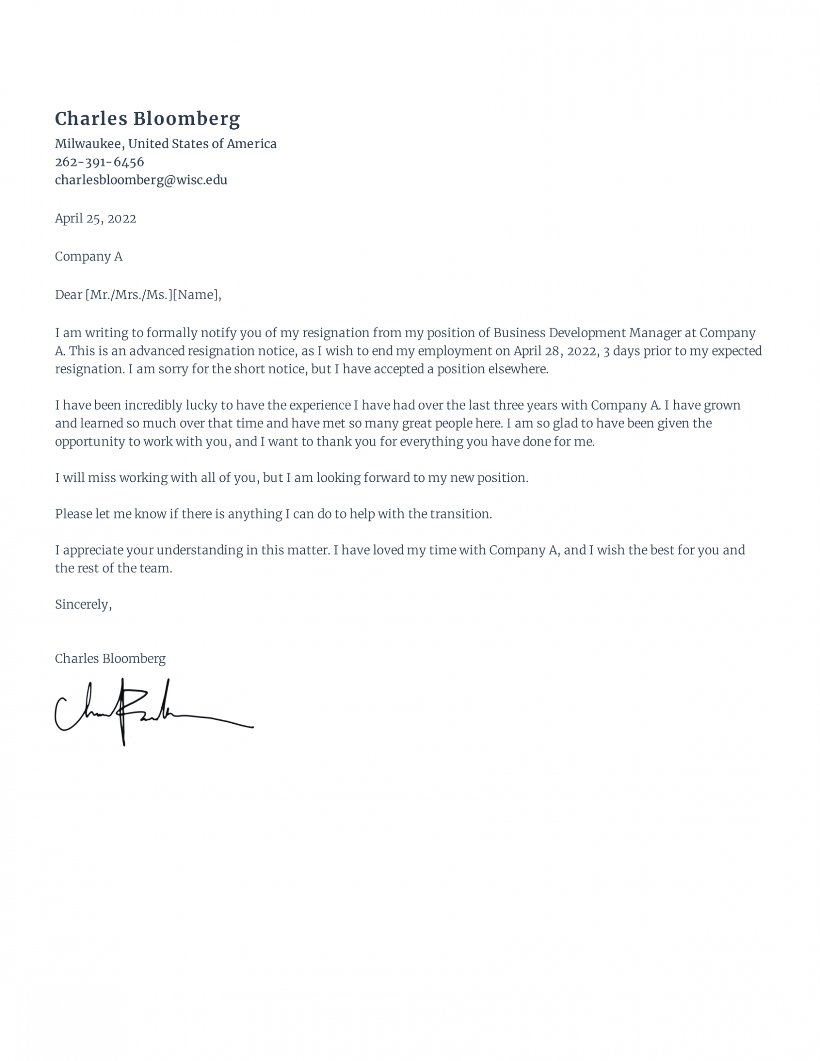  Short Notice Resignation Letter Template Sample