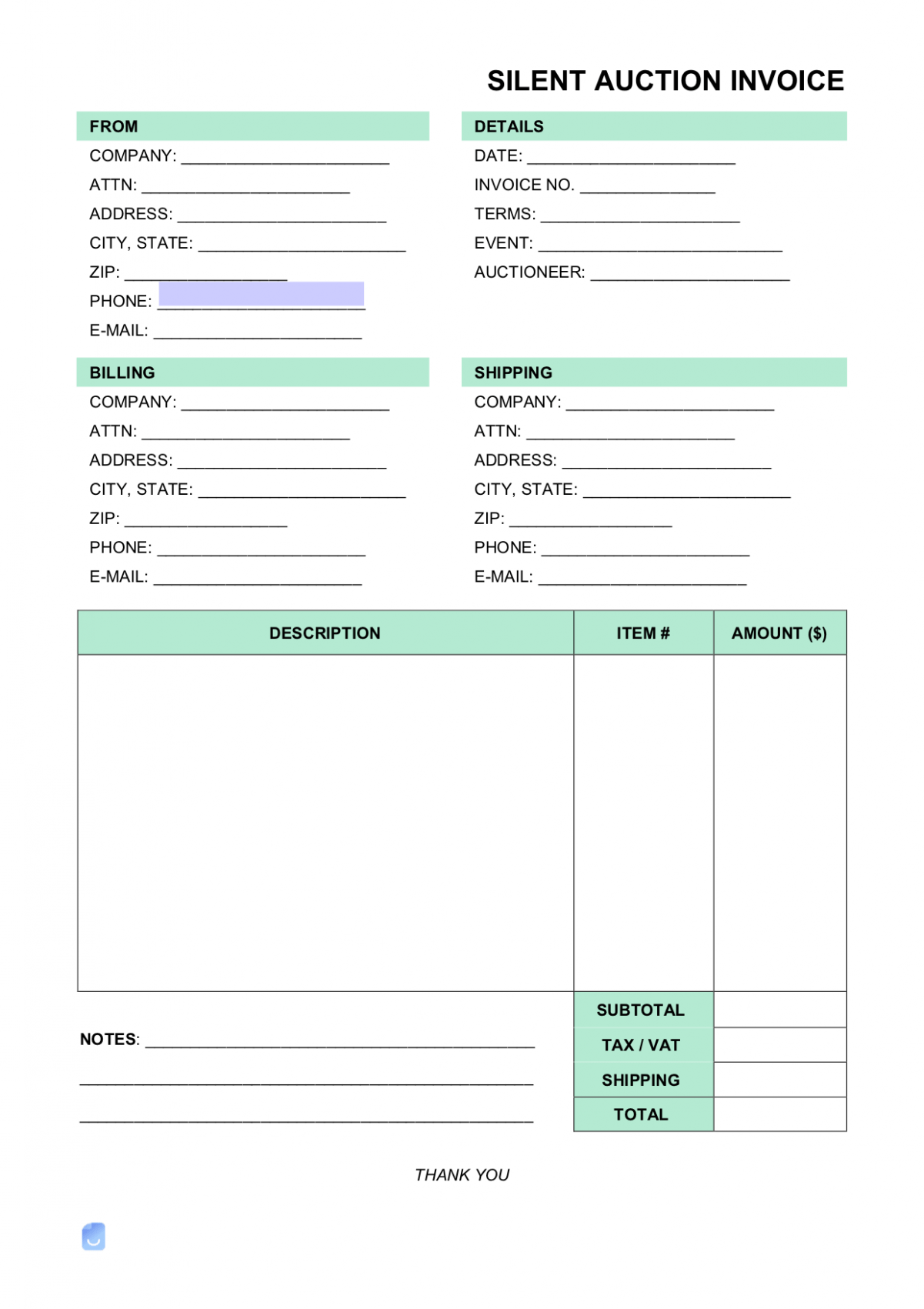 Editable Silent Auction Invoice Template PDF