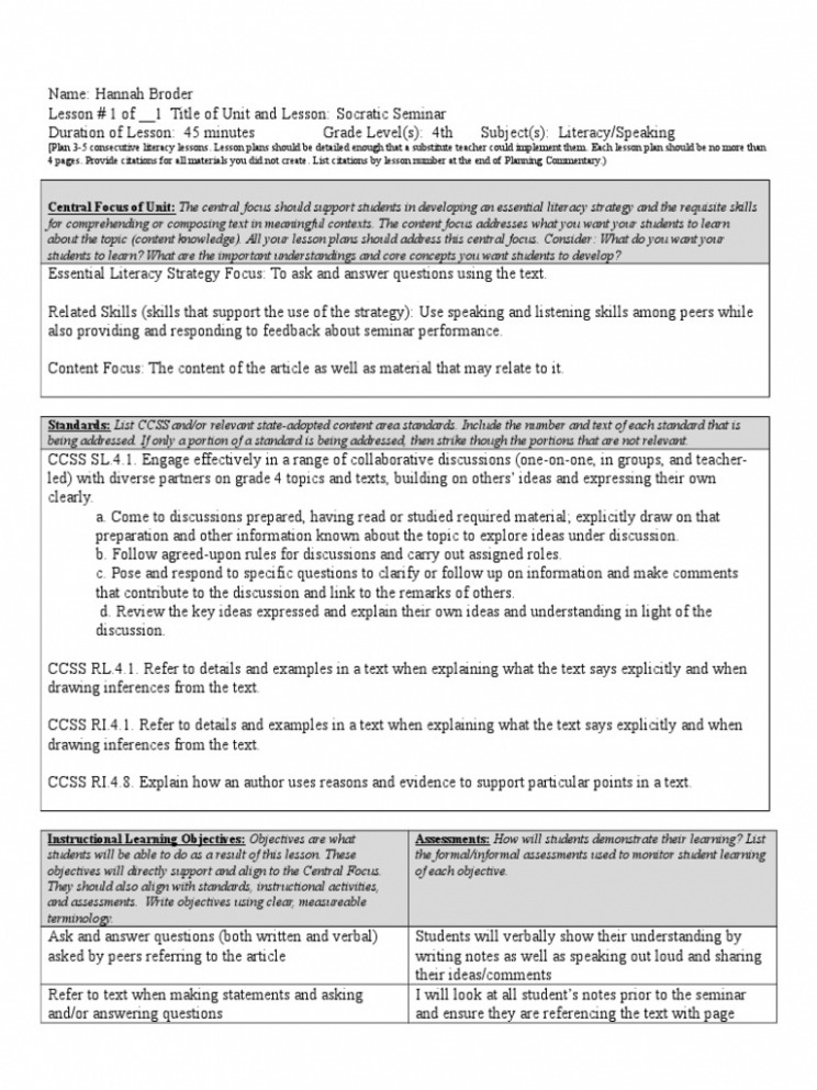 Printable Socratic Seminar Lesson Plan Template Sample