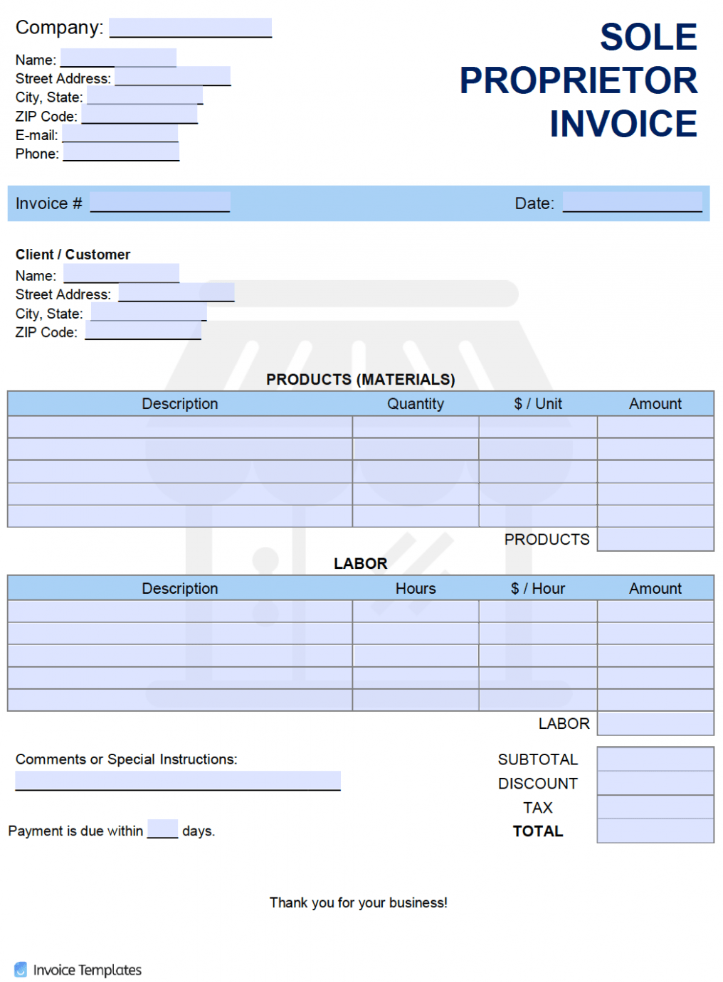 Printable Sole Proprietor Invoice Template Excel