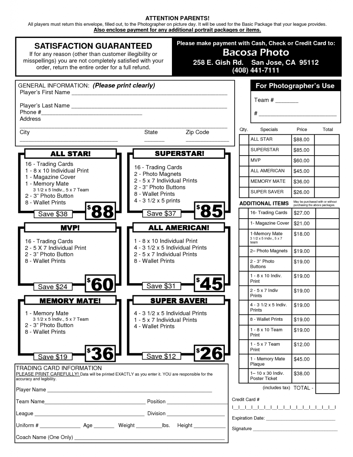 Sample Sports Pography Order Form Template CSV