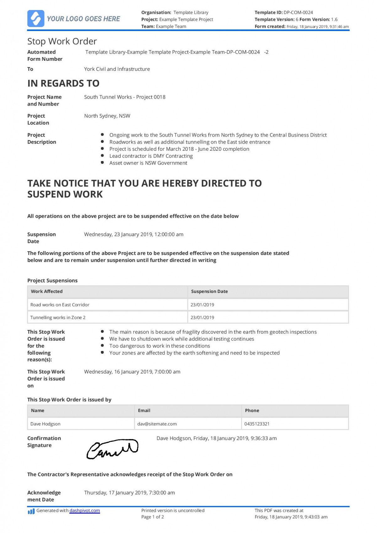 Printable Stop Work Order Template PDF