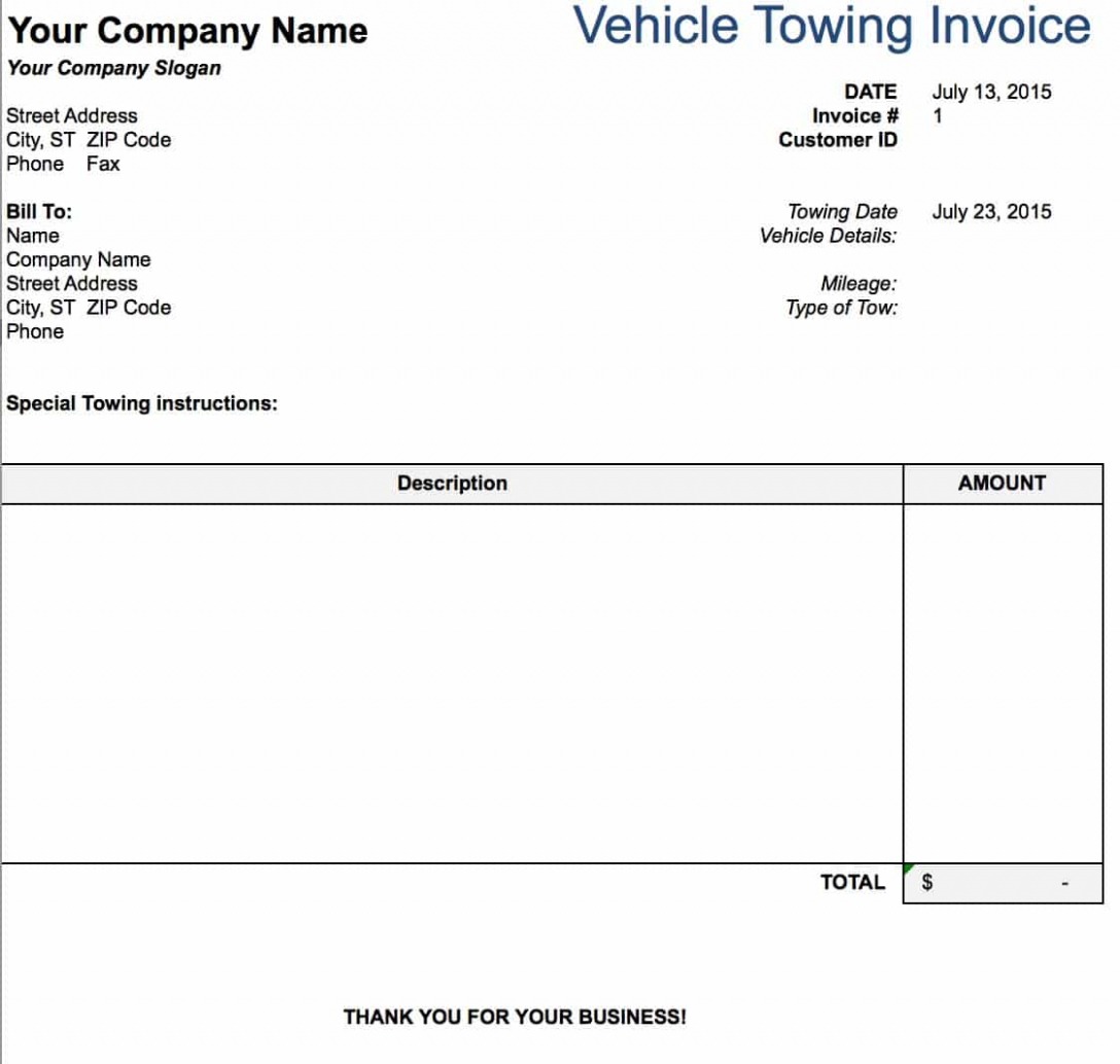 Printable Towing Service Invoice Template Word