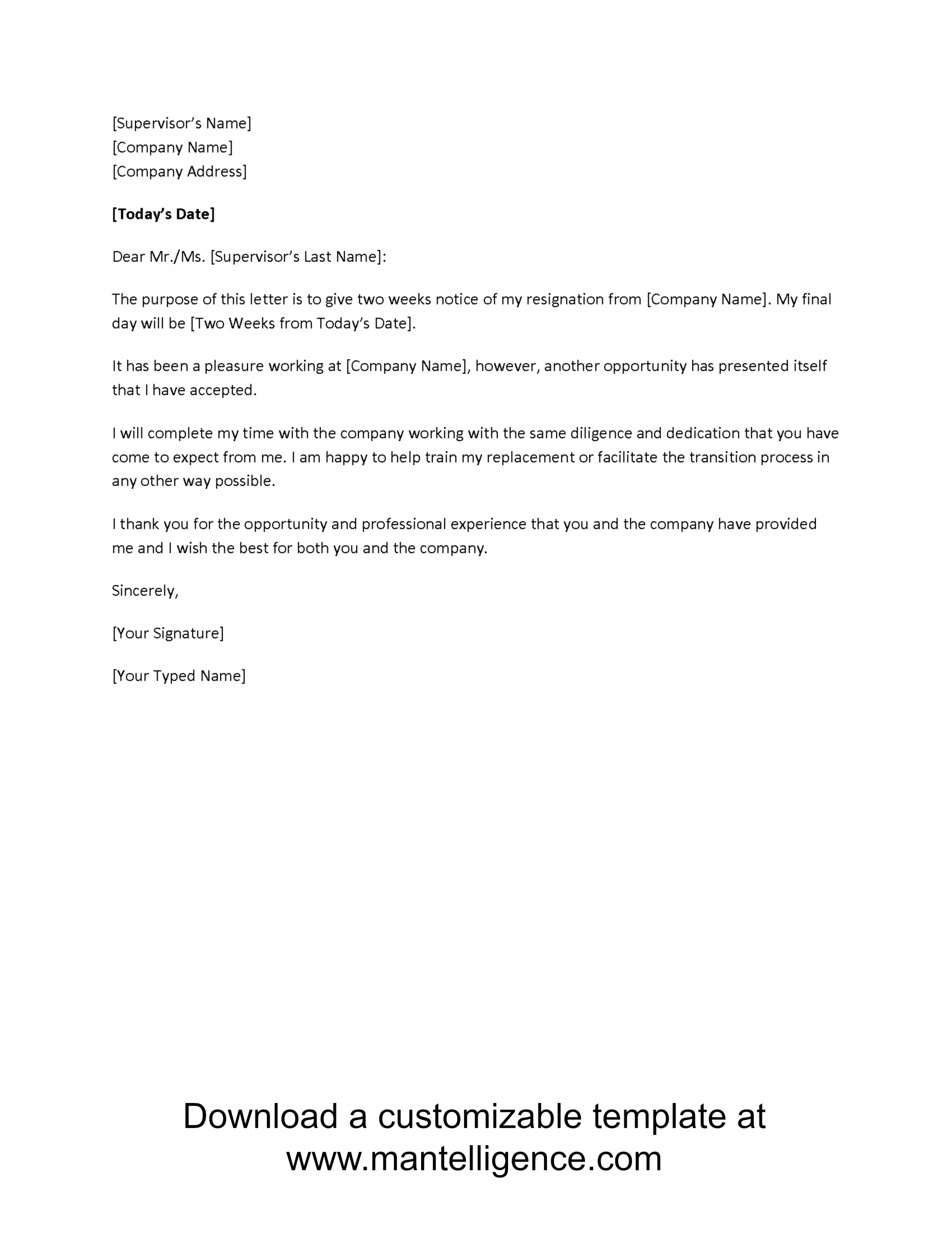  Two Weeks Resignation Letter Template Word