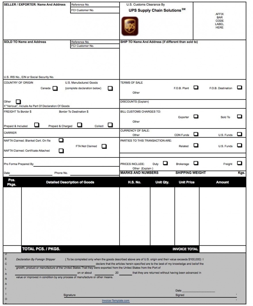 Editable Ups Commercial Invoice Template Sample