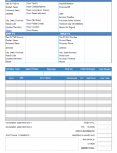 Printable Ups Proforma Invoice Template Excel
