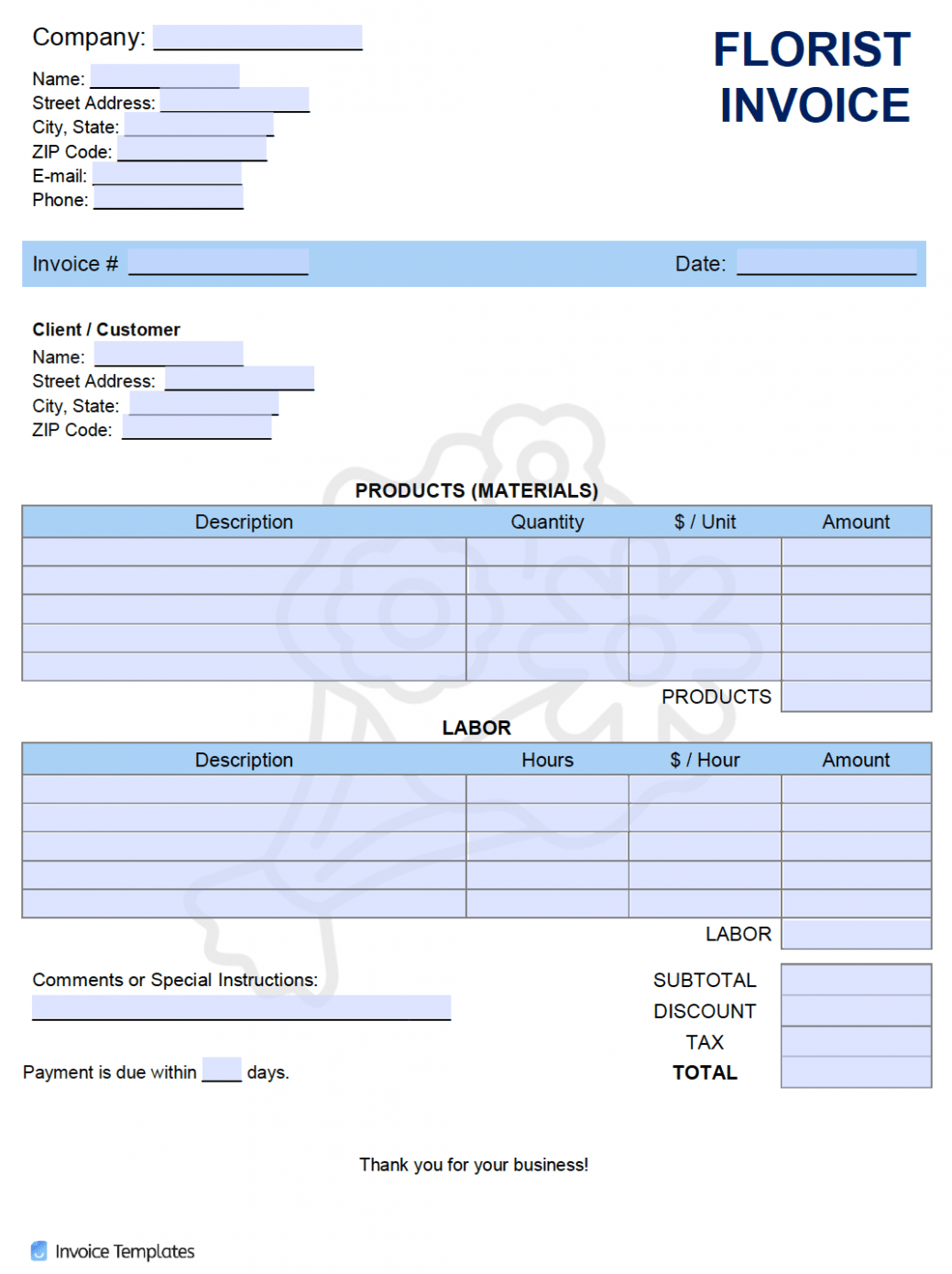 Printable Wedding Flower Invoice Template Word