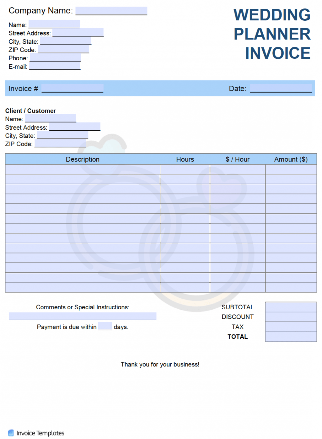 Editable Wedding Planner Invoice Template Excel