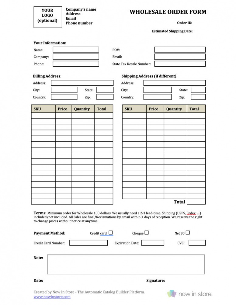 Printable Wholesale Purchase Order Template CSV