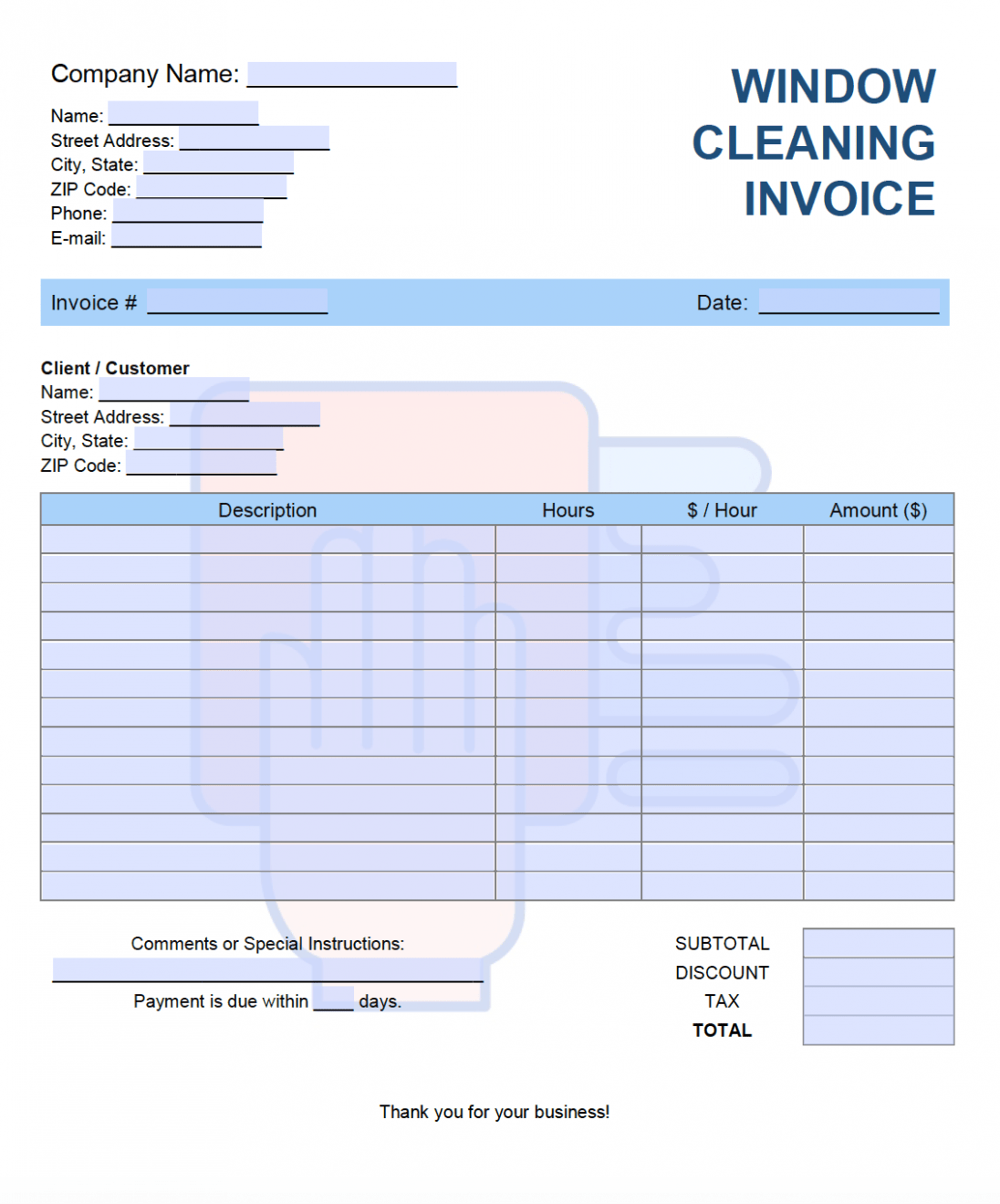 Printable Window Cleaning Invoice Template PDF