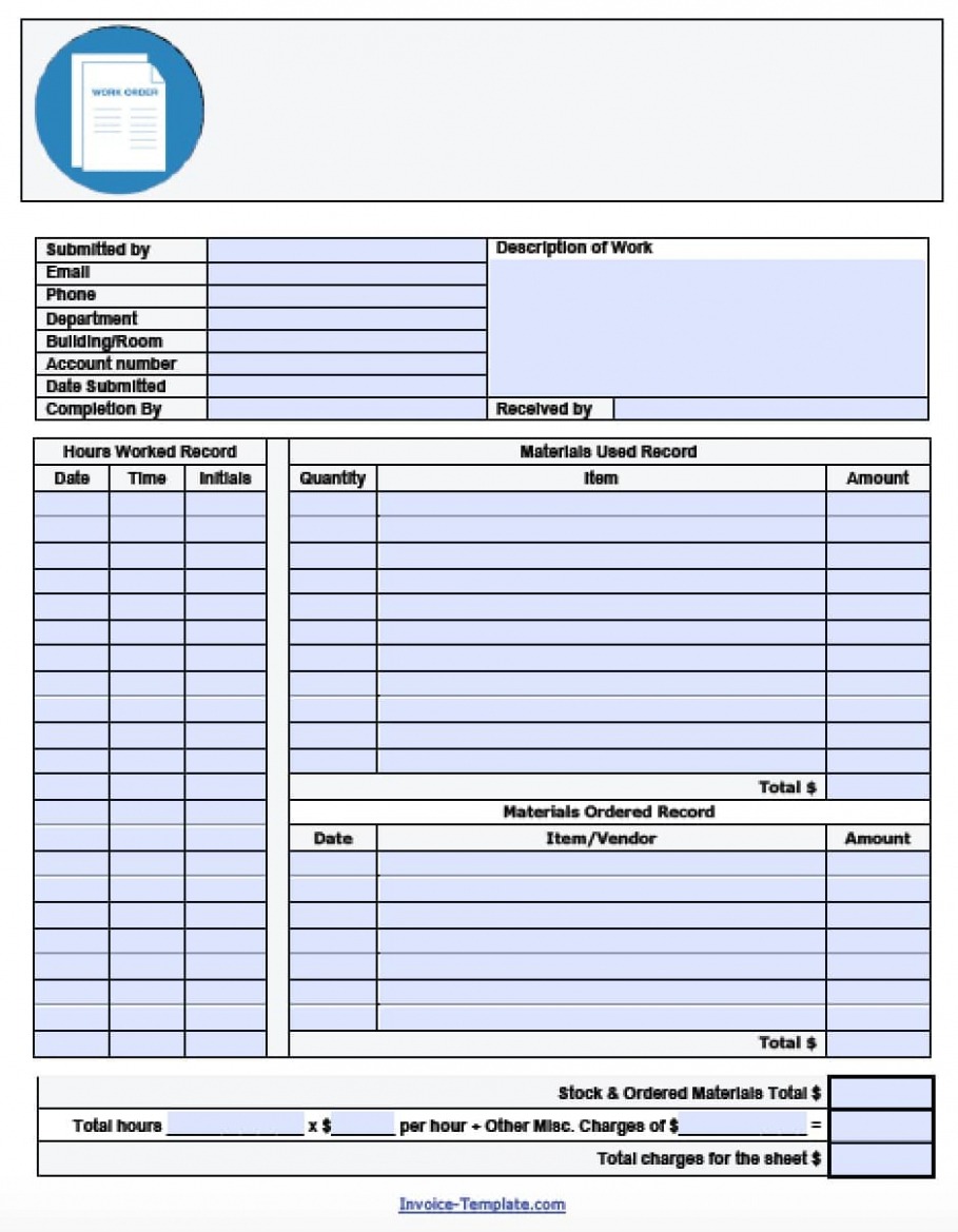 Sample Work Order Invoice Template Excel