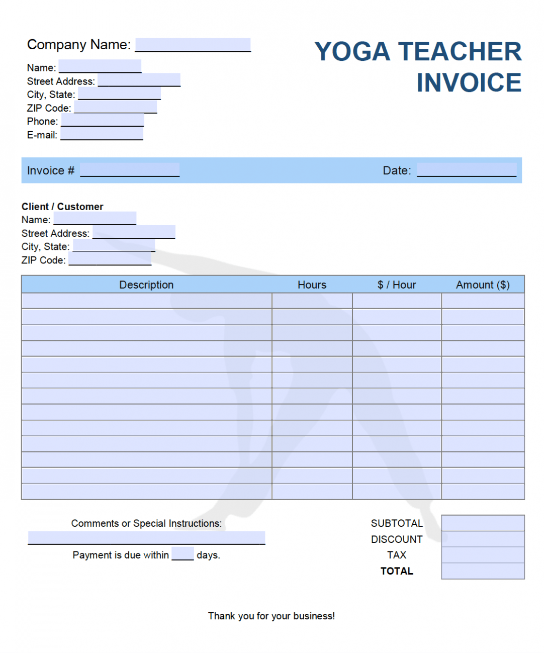 Sample Yoga Teacher Invoice Template PDF