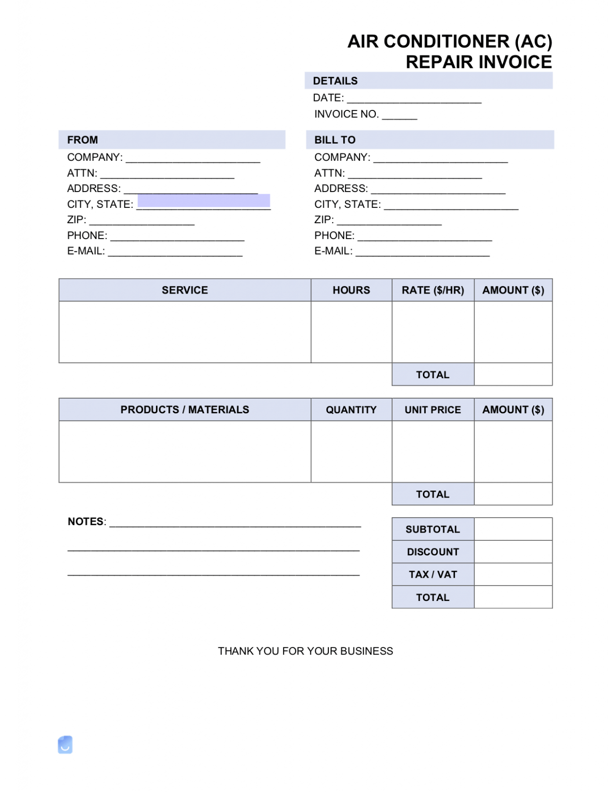 Printable Air Conditioning Repair Invoice Template Doc