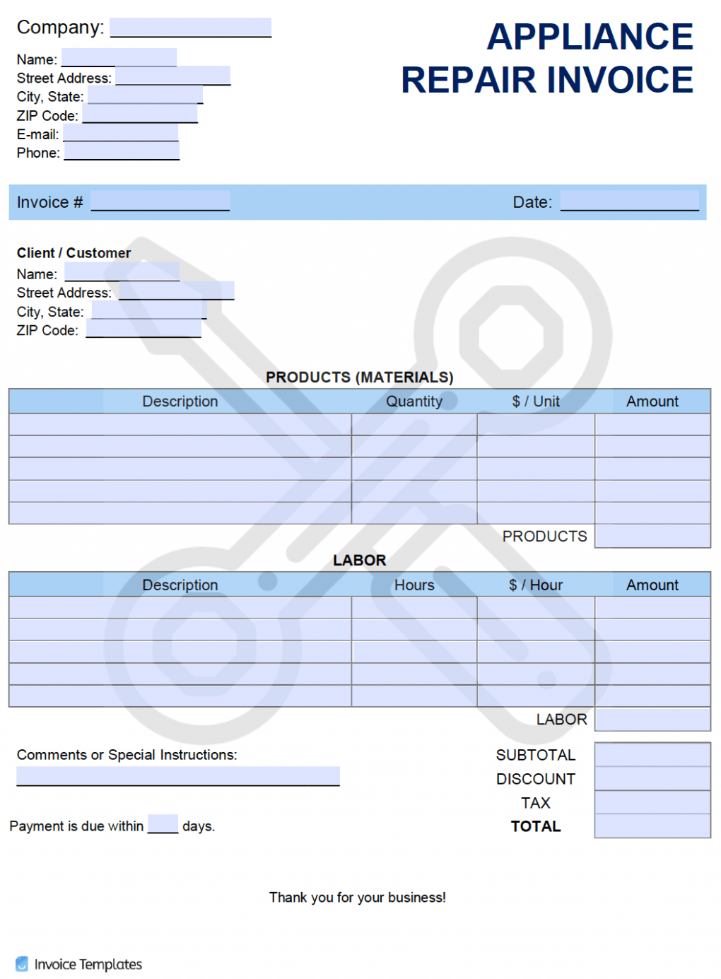 Printable Appliance Repair Invoice Template Docs