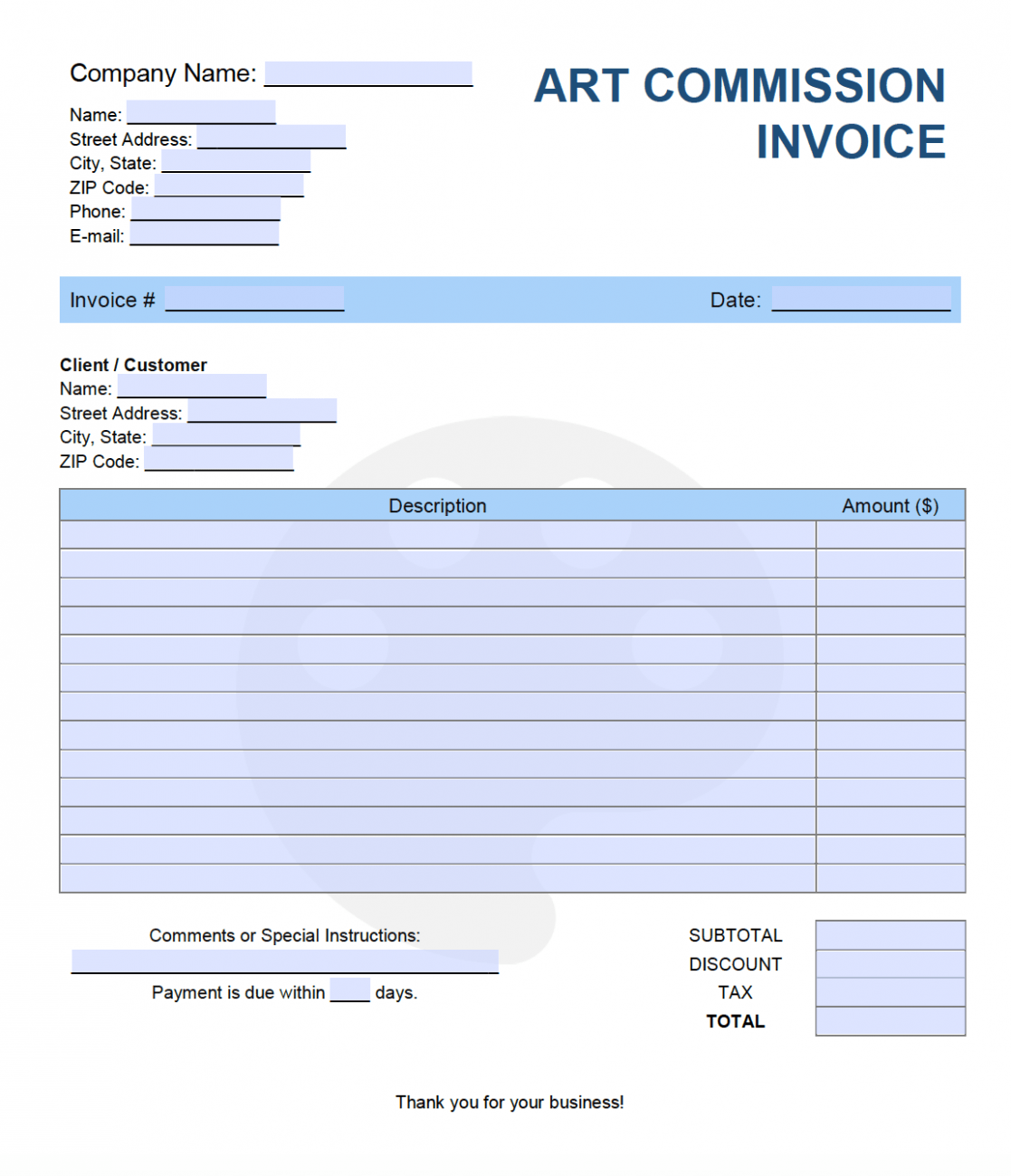 Sample Art Commission Invoice Template Doc
