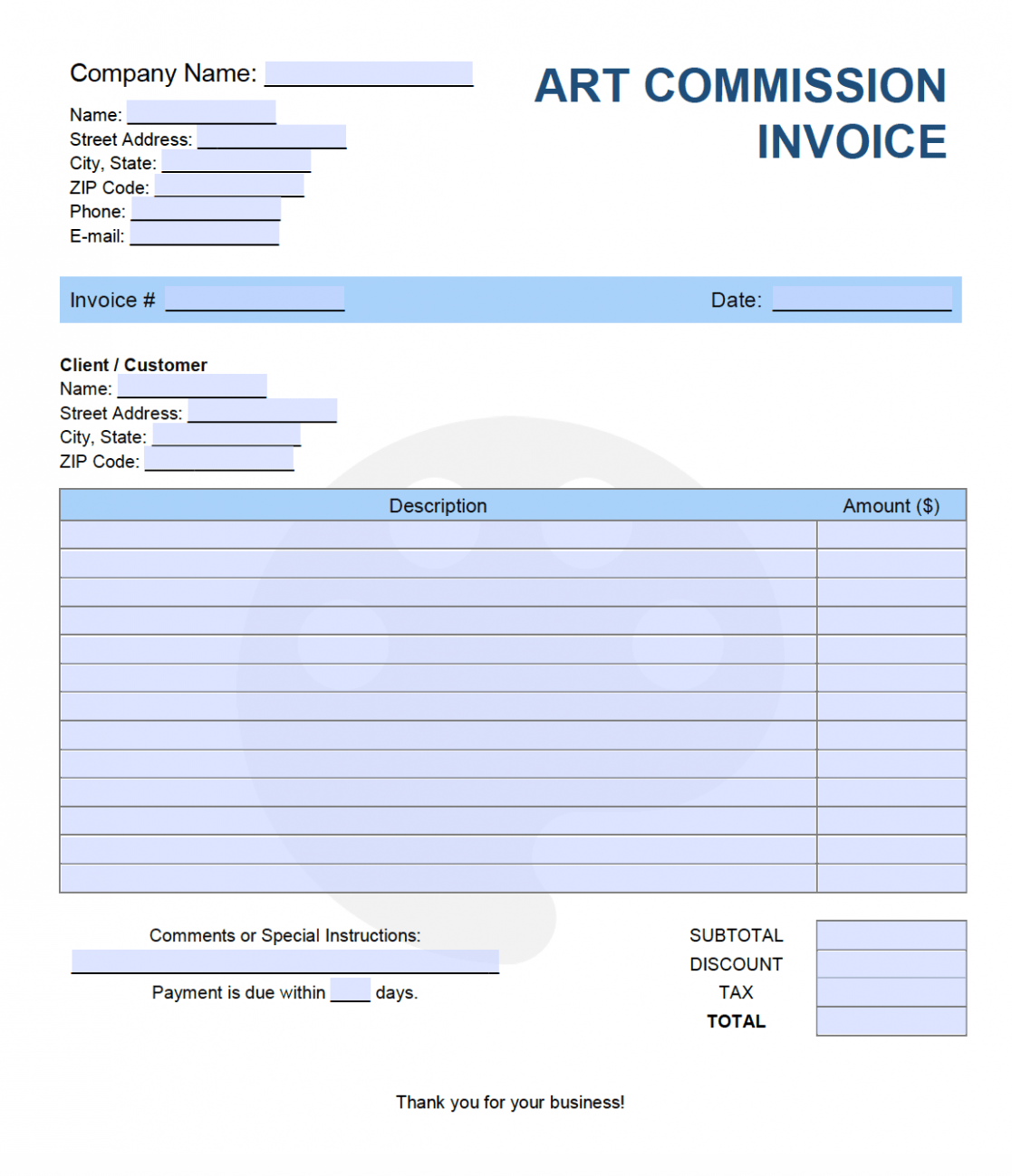 Sample Art Commission Invoice Template Doc Sample Art Commission Invoice Template Doc