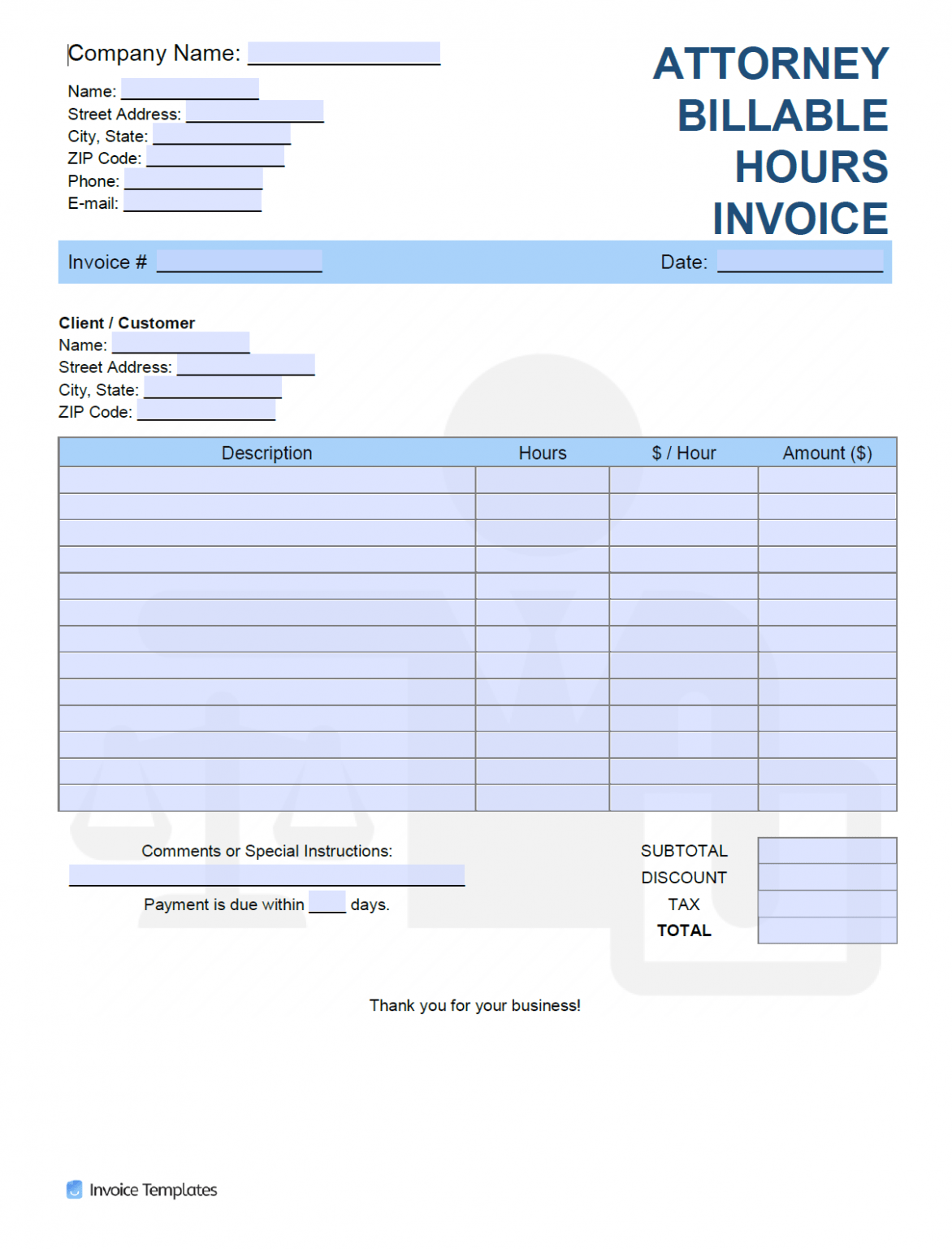 Sample Attorney Billable Hours Invoice Template 