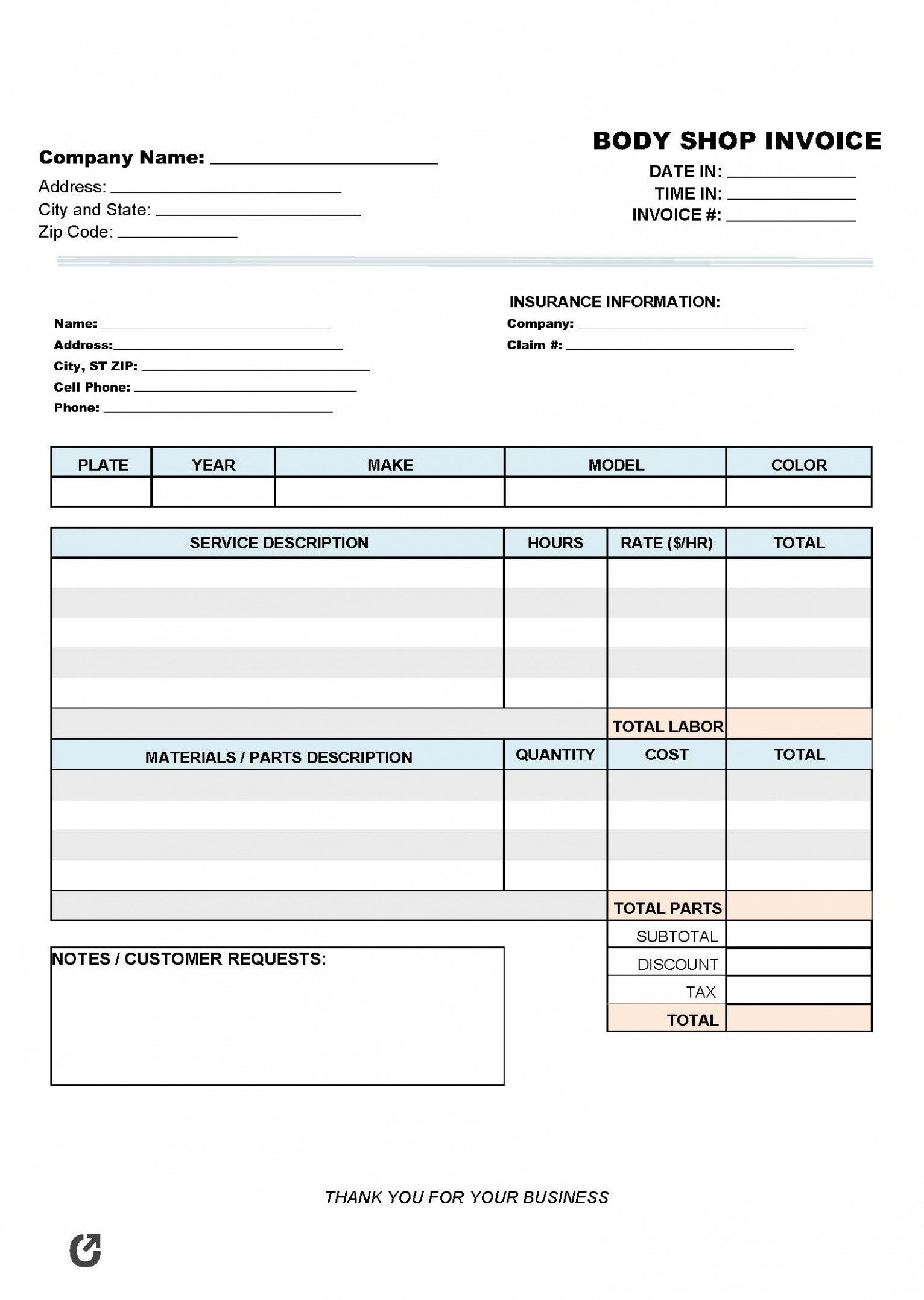 Sample Auto Body Shop Invoice Template Doc