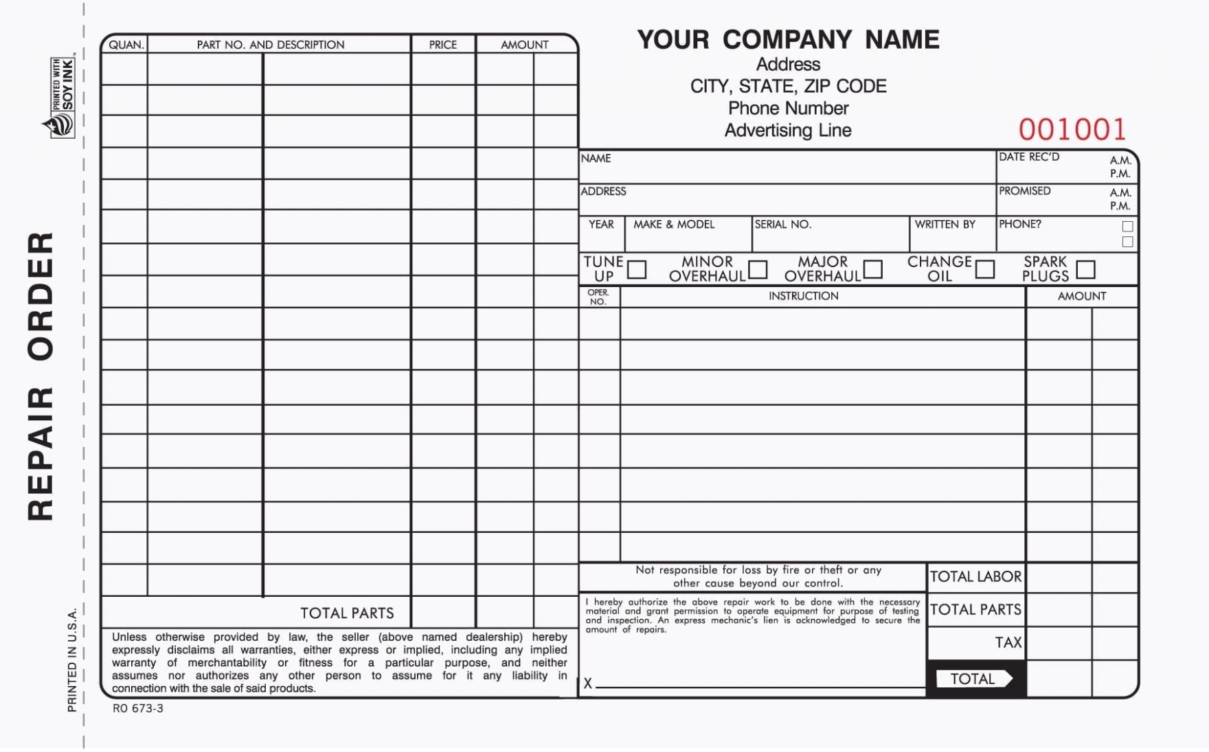 Sample Auto Repair Work Order Template Excel