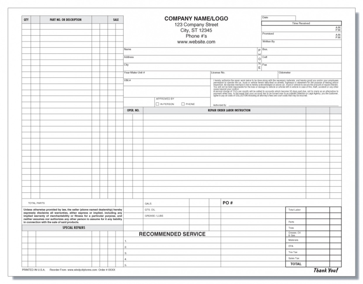 Sample Automotive Repair Work Order Template Docs